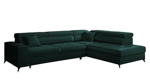 KP-Meble - Ecksofa mit Schlaffunktion und Bettkasten - Sofa L Form - 269 x 202 cm - mit 5 verstellbaren Kopfstützen & Becherhalter - Big Sofa, Relaxsofa, Langer Flaschengrün - Rechts von KP-Meble