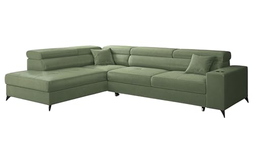 KP-Meble - Ecksofa mit Schlaffunktion und Bettkasten - Sofa L Form - 269 x 202 cm - mit 5 verstellbaren Kopfstützen & Becherhalter - Big Sofa, Relaxsofa, Langer Minze - Links von KP-Meble