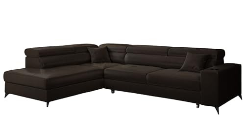 KP-Meble - Ecksofa mit Schlaffunktion und Bettkasten - Sofa L Form - 269 x 202 cm - mit 5 verstellbaren Kopfstützen & Becherhalter - Big Sofa, Relaxsofa, Langer Schokolade - Links von KP-Meble