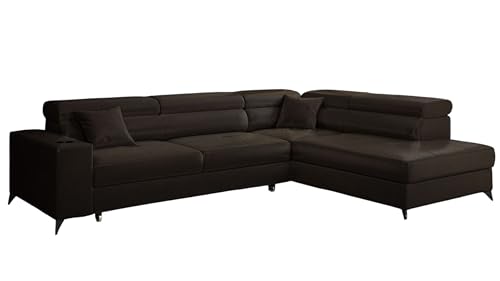 KP-Meble - Ecksofa mit Schlaffunktion und Bettkasten - Sofa L Form - 269 x 202 cm - mit 5 verstellbaren Kopfstützen & Becherhalter - Big Sofa, Relaxsofa, Langer Schokolade - Rechts von KP-Meble