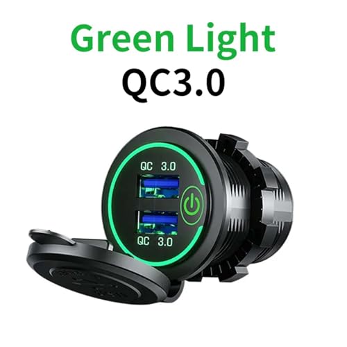 USB 3.0 Schnellladebuchse 12V auf 5V 12-24V Ladegerät Motorrad Dual Connector Ladegerät Adapter Steckdose Power Licht mit LED-Lampe(Green QC3.0) von KPCLLTQXG