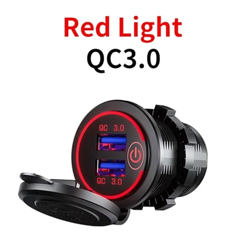 USB 3.0 Schnellladebuchse 12V auf 5V 12-24V Ladegerät Motorrad Dual Connector Ladegerät Adapter Steckdose Power Licht mit LED-Lampe(Red QC3.0) von KPCLLTQXG