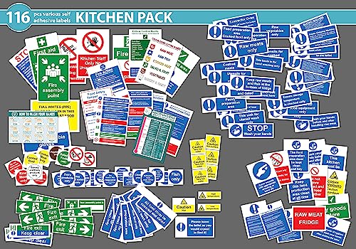 Sicherheitsschilder für die Küche, komplette Packung mit 116 Aufklebern, verschiedene Größen, selbstklebende Aufkleber von KPCM Display ltd