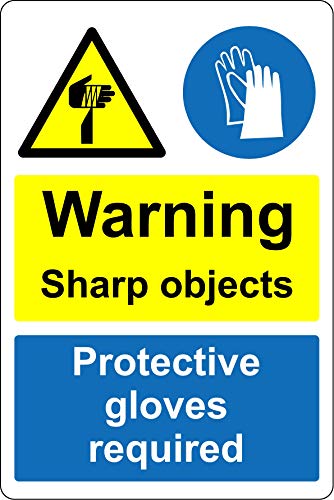 Warnschild mit Aufschrift „Warning Sharp Objects Protective Gloves Required Blade Safety Sign - Selbstklebender Aufkleber, 300 mm x 200 mm von KPCM Display ltd