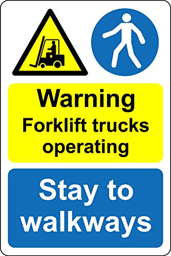 Warnschild mit Aufschrift "Warning Forklift trucks operating stay to walkways", selbstklebend, 300 mm x 200 mm von KPCM Display ltd