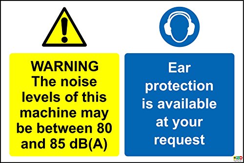 Warnschild mit der Aufschrift "Warning The Noise Levels of This Machine May be Between 80 and 85 dB(A), Gehörschutz ist auf Ihre Anfrage verfügbar", selbstklebender Aufkleber, 300 mm x 200 mm von KPCM Display ltd