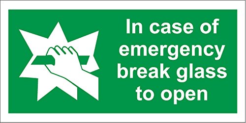 Hinweisschild englische Aufschrift: „In Case Of Emergency Break Glass To Open“ (Im Notfall zum Öffnen Glass zerbrechen). Selbstklebend, 100 mm x 50 mm von KPCM Display ltd