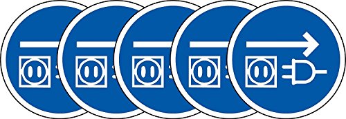 Label-Zeichen ISO Sicherheit - Internationale Netzstecker ziehen aus der Steckdose Symbol - Selbstklebende Aufkleber mit 50 mm Durchmesser (Packung mit 5 Sticker) von KPCM Display ltd