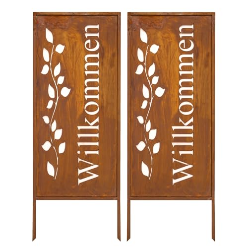 Kapaga - Sichtschutz Metall 2x - 100 cm x 40 cm - Willkommensschild Willkommen - Edelrost - Rostoptik Sichtschutz für Garten - Sichtschutzelement - Sichtschutzwand - Gartendekoration Zaun - Rost von KPGA KAPAGA HOME & GARDEN