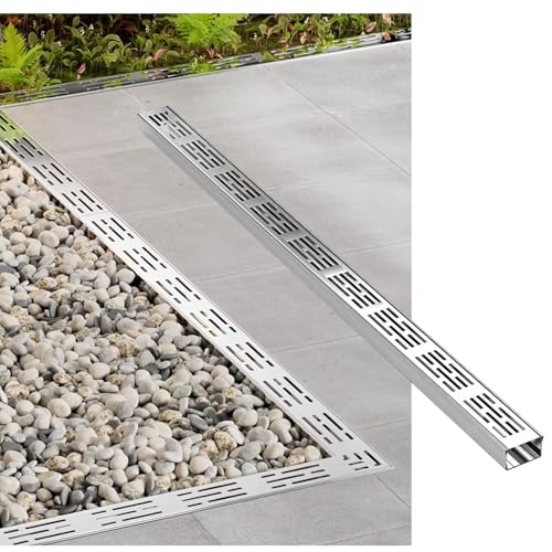 Entwässerungsrinne Lineares Duschrinnen-Abflusssystem aus Edelstahl, 39,4 Zoll langes Außen-Hausseiten-Kanal-Abflussset mit abnehmbarem Gitter(39.4x5.91x1.97in) von KPHYMOD