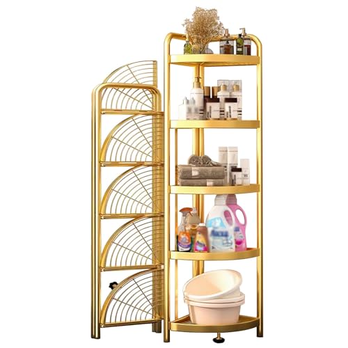 Eckregal Stehend 5 Etagen Gold Metall Ecke Draht Regal, Platzsparende Klappbare Eckregale für Küche Bad Waschküche, Stehen Keine Montage von KPHYMOD