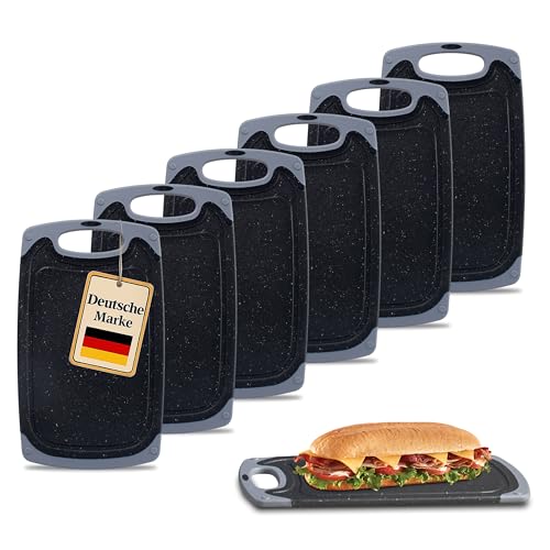 KPYTO kleine Frühstücksbrettchen, 6er Set, 25 x 15 cm, Schneidebrett Set, beidseitig, rutschfest mit Saftrille, schwarze Brettcchen mit grauem Rand, Brettchen, Brotzeitbrett von KPYTO
