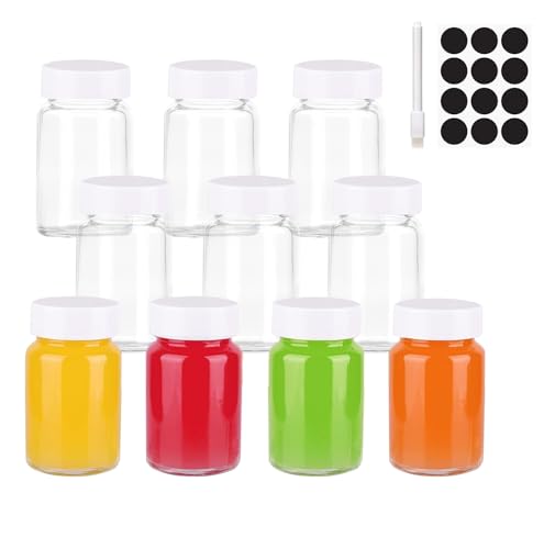 KPYZLBD Shot Flaschen zum Befüllen 10 Stück, 60ml Glasflaschen Zum Befüllen Mit Deckel, Ingwer Shot Flaschen Mit Etiketten Und Stift Kleine, Gläser für Ingwer, Fruchtsäfte, Konfitüren Oder Andere von KPYZLBD