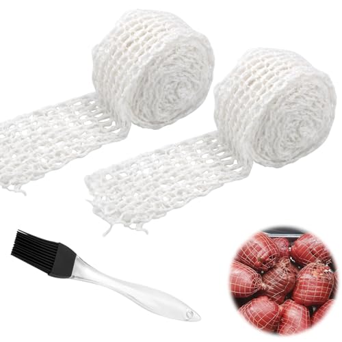 KQDRAVINE 3 m x 2 Rollen Rollbratennetz, Schinkennetz, Räuchernetz Weiß, Fleischnetz, Dehnbares Bratennetz Zum Aufhängen, Backen und Kochen von Fleisch, mit 1 Backpinsel, 5-16cm Breit, 16 Löcher von KQDRAVINE