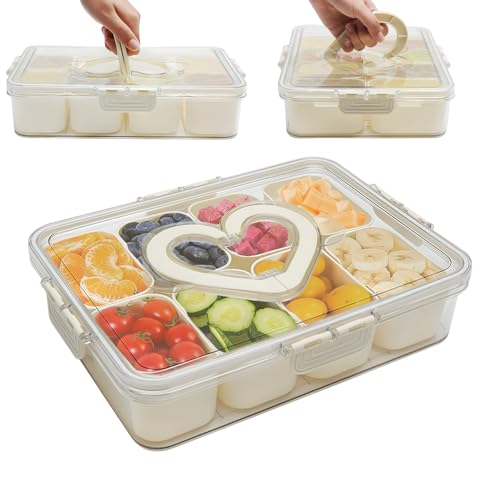 KQDRAVINE Snackbox mit Fächern Groß, Snackbox mit 8 Fächern,Snackteller mit Deckel und Griff,Wiederverwendbar Picknick Box mit Fächern,Snackboxen für Snacks Süßigkeiten Nüsse Obst für Picknick Trips von KQDRAVINE