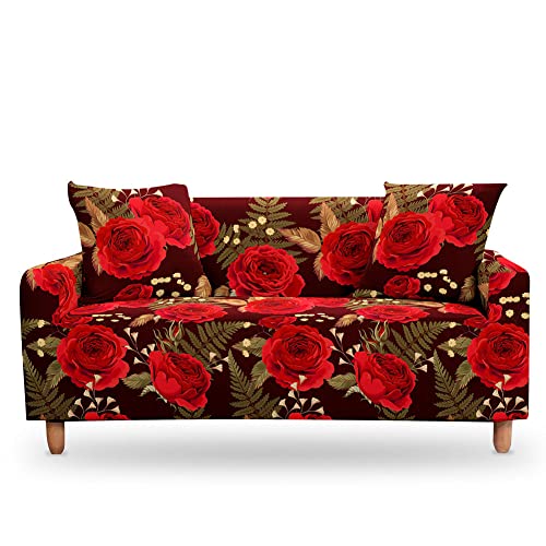 KQISANGM Einfache Sofabezüge, Stretch-Sofa-Dekor, Auffällige Rote Rosenblumen, Marmorierung, Bedruckt, Universeller Loveseat-Sofa-Schonbezug, Elastischer, Rutschfester All-Inclusive-Möbelschutz, Wie von KQISANGM