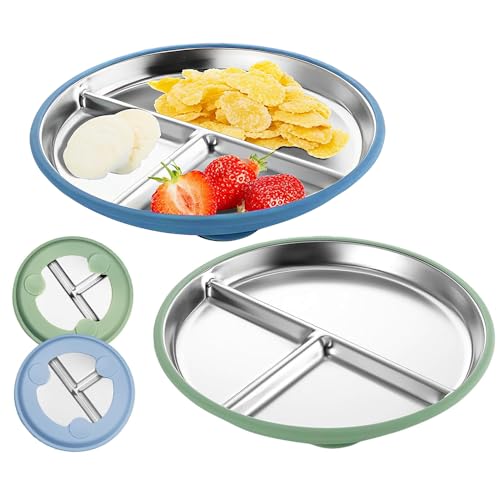 KQWVZ 2 Stück Edelstahl Baby Teller mit Saugnapf, 23 CM Kinderteller Mit Saugnapf, BPA-Frei, Geteilte Kinder Teller mit Entfernbarer Silikon, Teller Saugnapf Baby, Nicht Rutschig Unzerbrechlich von KQWVZ