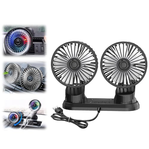 KQWVZ Auto Ventilator USB, 5V 360 Grad Drehbar Doppelköpfiger Ventilator, Ventilator Für Auto mit 3 Geschwindigkeiten, USB Auto Fan Kühlluftventilator Mit Licht, für 12 volt Wohnmobil Van SUV LKW RV von KQWVZ