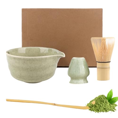 KQWVZ Matcha Set, 4PCS Matcha Besen Set, Matcha Zubehör Set, Japanisches ZubehöR FüR Die Matcha-Zeremonie, Macha Tea Set mit BambuslöFfel BambusrüHrer GroßE KeramikschüSsel KeramikrüHrerstäNder (Grün) von KQWVZ
