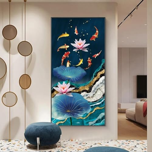KQZVCU Abstrakter Goldener Lotus mit Koi-Fischen, Leinwandgemälde, Moderne Drucke, Wandkunst, Bilder für Galerie, Wohnzimmer, Dekoration, 60 x 120 cm, mit Rahmen von KQZVCU