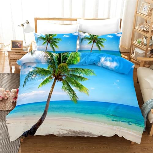 KQZVCU Blue Sea Beach Bettbezug-Set, natürliche Landschaft, Bedruckt, Bettwäsche für Jungen und Teenager, Twin-Full-Queen-King-Size-Bettbezug-Set, 220 x 220 cm/40 x 80 cm x 2 von KQZVCU