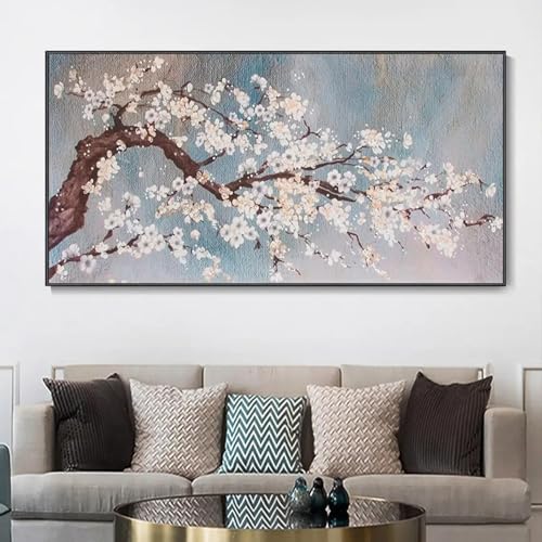 KQZVCU Blühende Pflaumen-Leinwandkunst, strukturierte Bäume, Gemälde, rosa Blumenlandschaft, Kunstwerke, Bilder für Wohnzimmer, 60 x 120 cm, mit Rahmen von KQZVCU