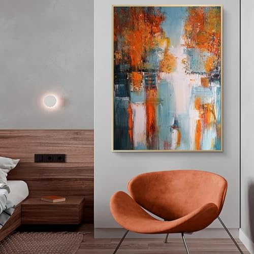 KQZVCU Landschaftsgemälde, Wandgemälde, Orange, Blau, abstrakte Leinwand-Wandkunst für moderne Wohnzimmer-Dekoration, Gemälde, 80 x 110 cm, mit Rahmen von KQZVCU