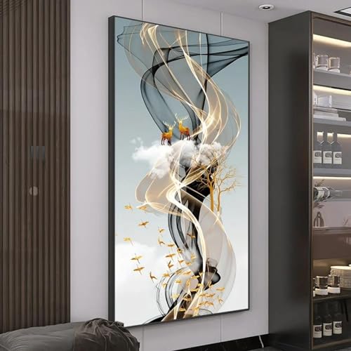 KQZVCU Nordic Golden Deer Tree Leinwand-Poster und Drucke, Wandkunst, Moderne Leinwandgemälde, Bild für Wohnzimmer, Heimdekoration, 60 x 120 cm, mit Rahmen von KQZVCU