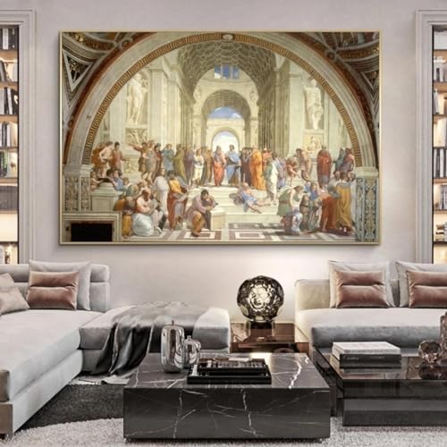 KQZVCU Schule von Athen von Raphael, berühmtes Reproduktionsgemälde auf Leinwand, Wandkunstdrucke, Bilder für Heimdekoration, 70 x 90 cm, mit Rahmen von KQZVCU