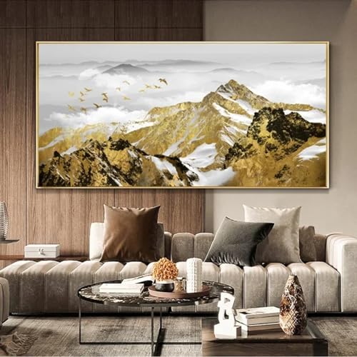 KQZVCU Wandkunst, großes Gold, verschneite Berge, Vögel, Landschaft, Leinwanddruck, Bild, Zuhause, Wohnzimmer, Schlafzimmer, Dekoration, 80 x 160 cm, mit Rahmen von KQZVCU