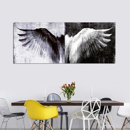KQZVCU Weiße und Schwarze Retro-Flügel, Leinwandgemälde, Poster und Drucke, Vintage-Flügel-Bild für Wohnzimmer, Heimdekoration, 45 x 135 cm Innenrahmen von KQZVCU