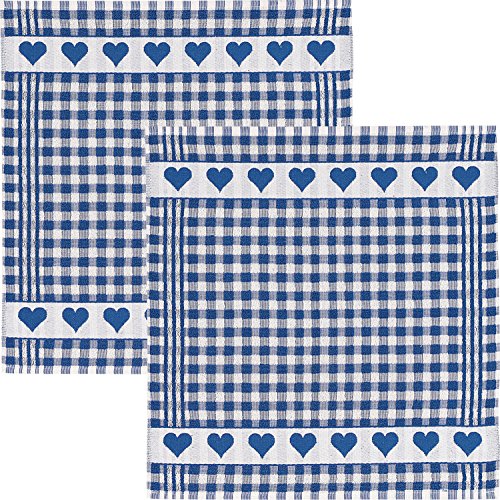 Kracht Frottier-Geschirrtuch 2er-Pack Frottier Baumwolle Jacquard Karo/Herz blau Größe 50x50 cm von KRACHT