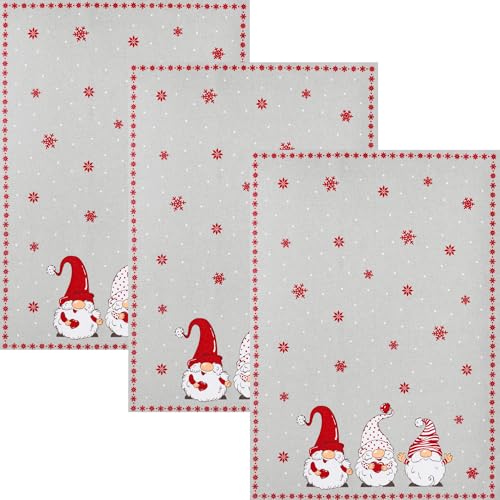 Kracht Geschirrtuch "Winterwichtel" 3er-Pack Halbleinen rot-grau Größe 50x70 cm von KRACHT