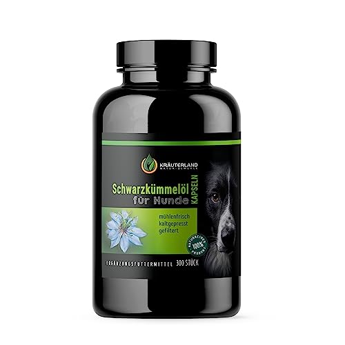 Kräuterland Schwarzkümmelöl Kapseln für Hunde 300 Stück - Schwarzkümmel Öl 100% rein, gefiltert, kaltgepresst - Barf Öl in Premium Qualität Kräuterland Schwarzkümmelöl Kapseln für Hunde 300 Stück - Schwarzkümmel Öl 100% rein, gefiltert, kaltgepresst - Barf Öl in Premium Qualität von KRÄUTERLAND N A T U R - Ö L M Ü H L E
