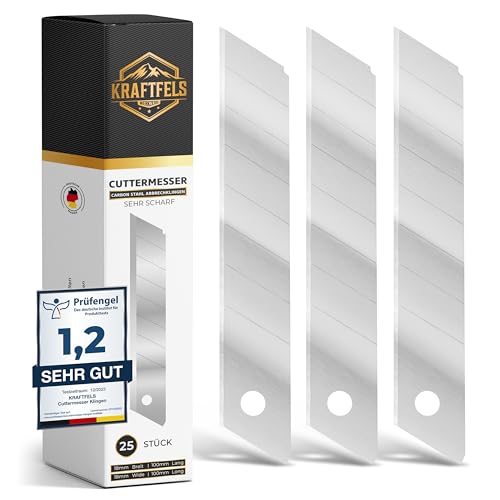 KRAFTFELS 25x Profi Cuttermesser Klingen 18mm - Ersatzklingen Cuttermesser aus hochwertigem Carbonstahl - Klingen Cuttermesser - Ultra scharf & stabil - Abbrechklingen für Cutter Messer – Silber… von KRAFTFELS