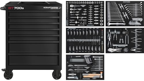 KRAFTWERK Werkstattwagen Made in Germany | Werkzeugwagen bestückt mit 194 Profi Werkzeugen | Stabile Doppelwandige Stahlblech-Konstruktion Werkstattwagen bestückt Art. Nr. 102.107.BLK1 von KRAFTWERK