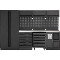Kraftwerk 4-Element-Schrankwand mit Vierkantlochwand Länge 2955 mm Inox-Arbeitsplatte Kraftwerk 4-Element-Schrankwand mit Vierkantlochwand Länge 2955 mm Inox-Arbeitsplatte von KRAFTWERK