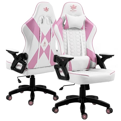 KRAKEN CHAIRS Gaming-Stuhl Kunstleder Bürostuhl Schreibtischstuhl Höhenverstellbar Drehstuhl Ergonomischer Stuhl Verstellbare Armlehne Lendenkissen Weiss-Rosa (Schwarz-Rosa) von KRAKEN CHAIRS