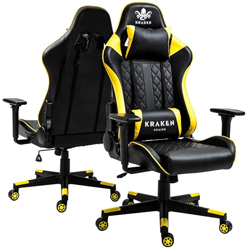 KRAKEN CHAIRS Gaming-Stuhl Kunstleder Bürostuhl Schreibtischstuhl Höhenverstellbar Drehstuhl Ergonomischer Stuhl Verstellbare Armlehne Lendenkissen Schwarz-Gelb von KRAKEN CHAIRS