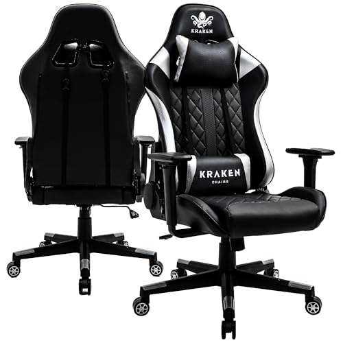 KRAKEN CHAIRS Gaming-Stuhl Bürostuhl Schreibtischstuhl Höhenverstellbar Drehstuhl Ergonomischer Stuhl Verstellbare Armlehne Lendenkissen Schwarz-Silber von KRAKEN CHAIRS