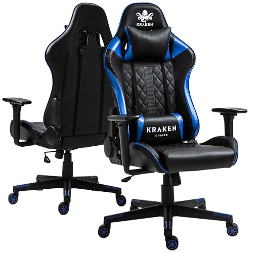 KRAKEN CHAIRS Gaming-Stuhl Kunstleder Bürostuhl Schreibtischstuhl Höhenverstellbar Drehstuhl Ergonomischer Stuhl Lenden-Kissen (Schwarz-Blau) von KRAKEN CHAIRS