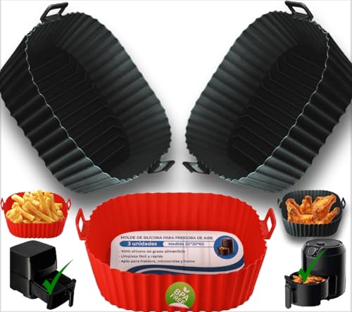 KRAPPS X3 Silikonform für Luftfritteuse | Formen für Luftfritteuse | Air Fryer Behälter | Airfryer Zubehör | Air Fryer Tablett | Silikonformen Luftfritteuse (rot/schwarz) von KRAPPS