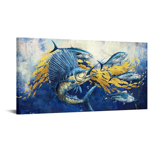 KREATIVE ARTS Kunstdruck auf Leinwand, Motiv: Meeresfisch, Thunfisch, Marlin, Blau und Gold, Unterwasser-Szene, Küstendekoration, nautische Dekoration für Badezimmer, Wohnzimmer, Büro, Strandhaus KREATIVE ARTS Kunstdruck auf Leinwand, Motiv: Meeresfisch, Thunfisch, Marlin, Blau und Gold, Unterwasser-Szene, Küstendekoration, nautische Dekoration für Badezimmer, Wohnzimmer, Büro, Strandhaus von KREATIVE ARTS