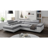 Ecksofa Miami L-form mit Schlaffunktion und Bettkasten Hellgrau + Weiß Kunstleder -EKO, Links Ottomane von KREATIVE FURNITURE