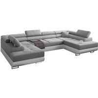 Ecksofa Miami u mit Schlaffunktion und Bettkasten, 338 x 203 cm, hellgrau, Kunstleder weiß von KREATIVE FURNITURE