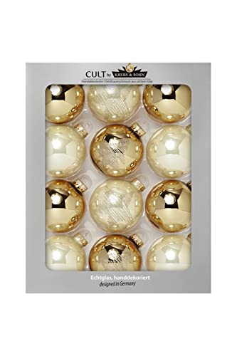 KREBS & SOHN 12er Set Glaskugeln - Weihnachtsbaumschmuck zum Aufhängen - Christbaumkugeln Sortiment - Gold Elfenbein, 7,5 cm von KREBS & SOHN