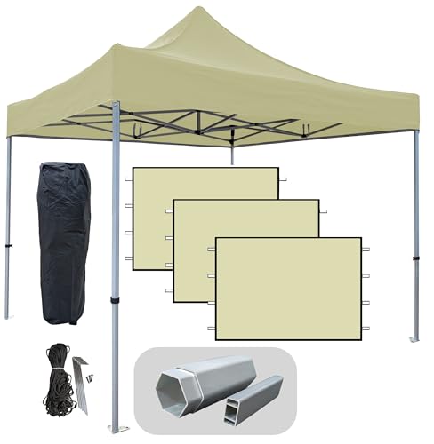 Profi-ZELTE.DE Alu Faltpavillon Hexagon Profi-LINE Alurahmen Hexagon 40mm, 100% wasserdicht (Beige, 3x3m mit 3 Seitenteilen) von KREMER-ZELTE