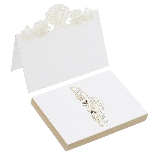 Tischkarten für Hochzeiten, lasergeschnitten, Strandmotiv, gefalteter Zeltstil für Hochzeitsempfang, Party, Abendessen, Buffet, Weiß, 12 x 9 cm, 50 Stück von KRENIE