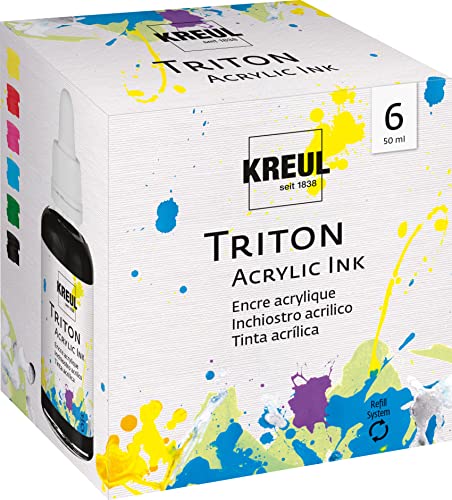 KREUL 17500 - Triton Acrylic Ink Set, 6 x 50 ml Glas mit Pipette zum Dosieren und Aufrühren, hohe Farbintensität, seidenmatt auftrocknend, für Leinwand und Papier von Kreul