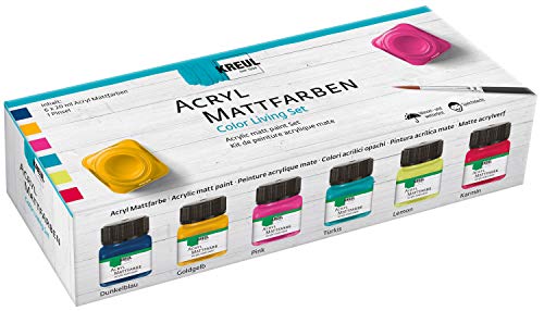 KREUL 75601 - Acryl Mattfarben im Color Living Set , cremig deckende, schnelltrocknende Farbe auf Wasserbasis, für viele verschiedene Untergründe geeignet, 6 x 20 ml Farbe und ein Pinsel von Kreul